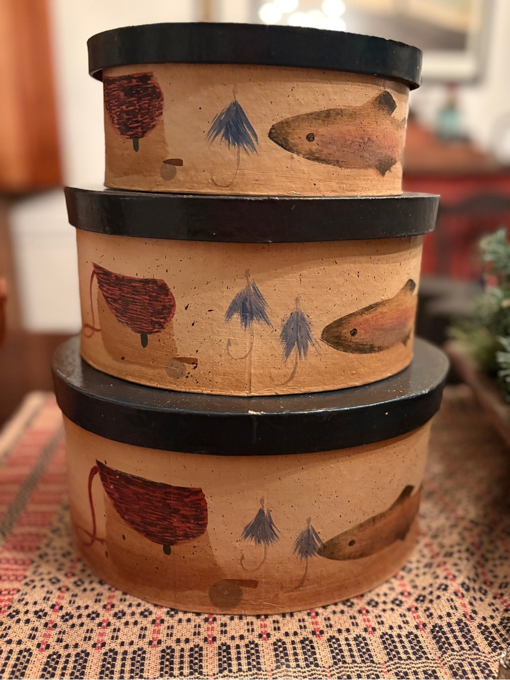 Hand-Painted Fishing Theme Beige Nesting Storage Boxes with dark Green Lids